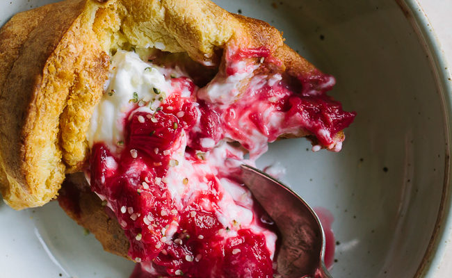 Einkorn Popovers with Yogurt and Rhubarb Raspberry Compote